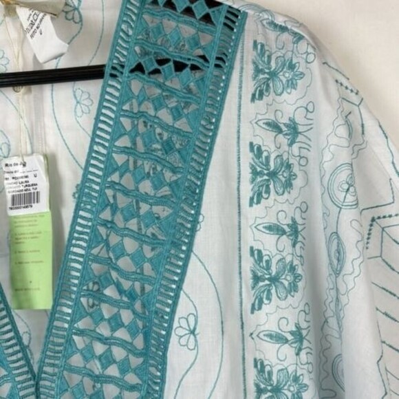 NEW RIO DE JAS size large White Blue embroidered Kaftan Mumu Dress Maxi Poncho - Picture 5 of 15